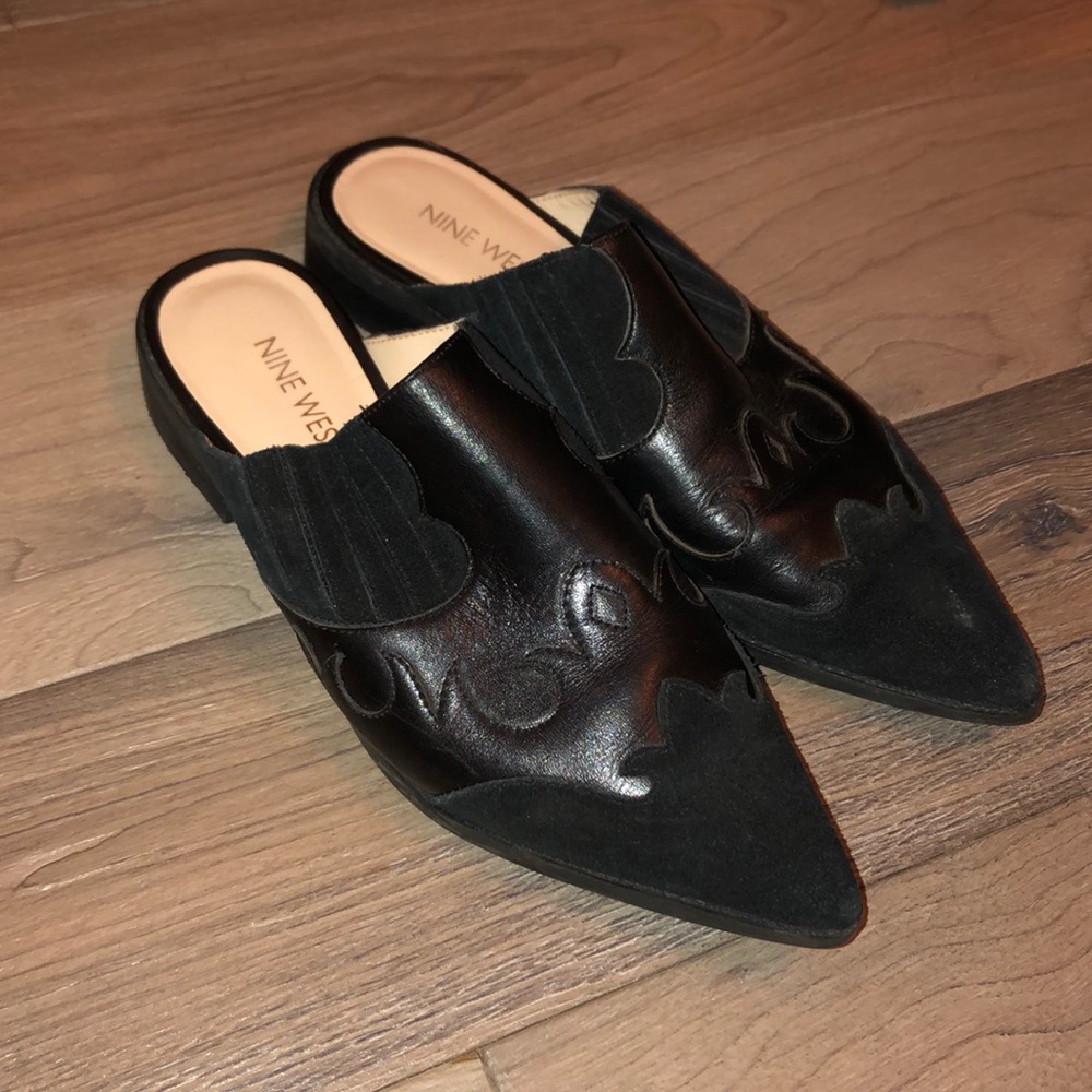 Nine West black leather mules